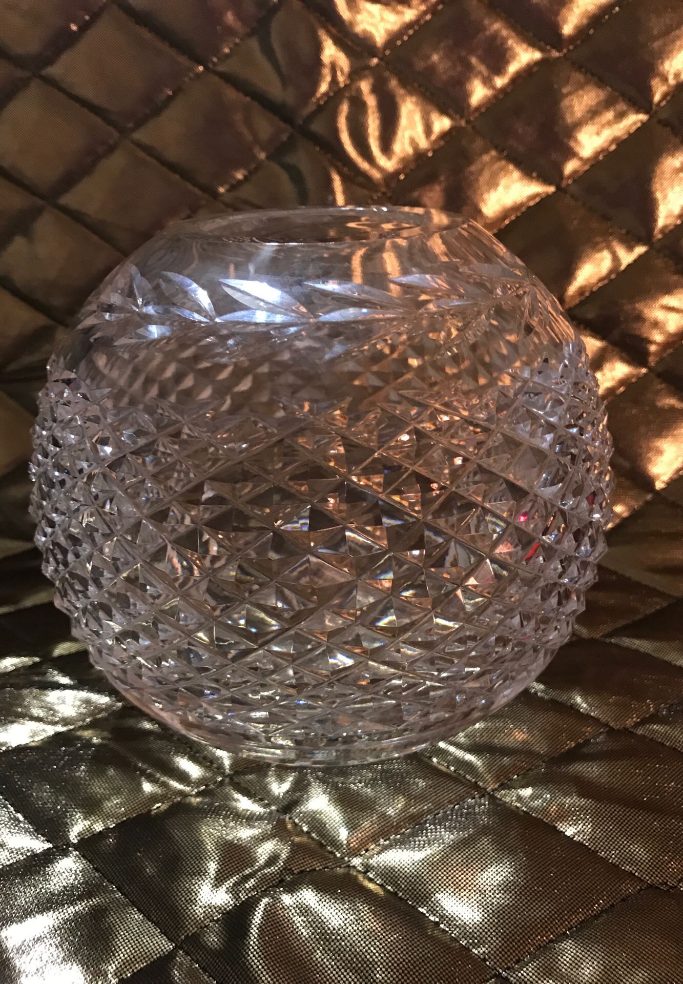 Vintage Waterford crystal 6 inches tall 5 1/2 inches across it has a beveled top there is a little ding on the Beveled top edge Great Waterford crys