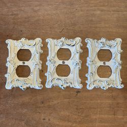 Set of 3 Vintage White Ornate Metal Cast Iron 5.25" Double Dual Plug Plate Covers