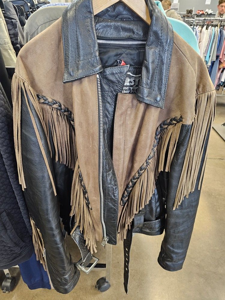 Black And Brown Leather Fringe Jacket Size Large