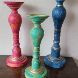 Refinished Boho Maximalist Style Painted Pillar Candle Holders