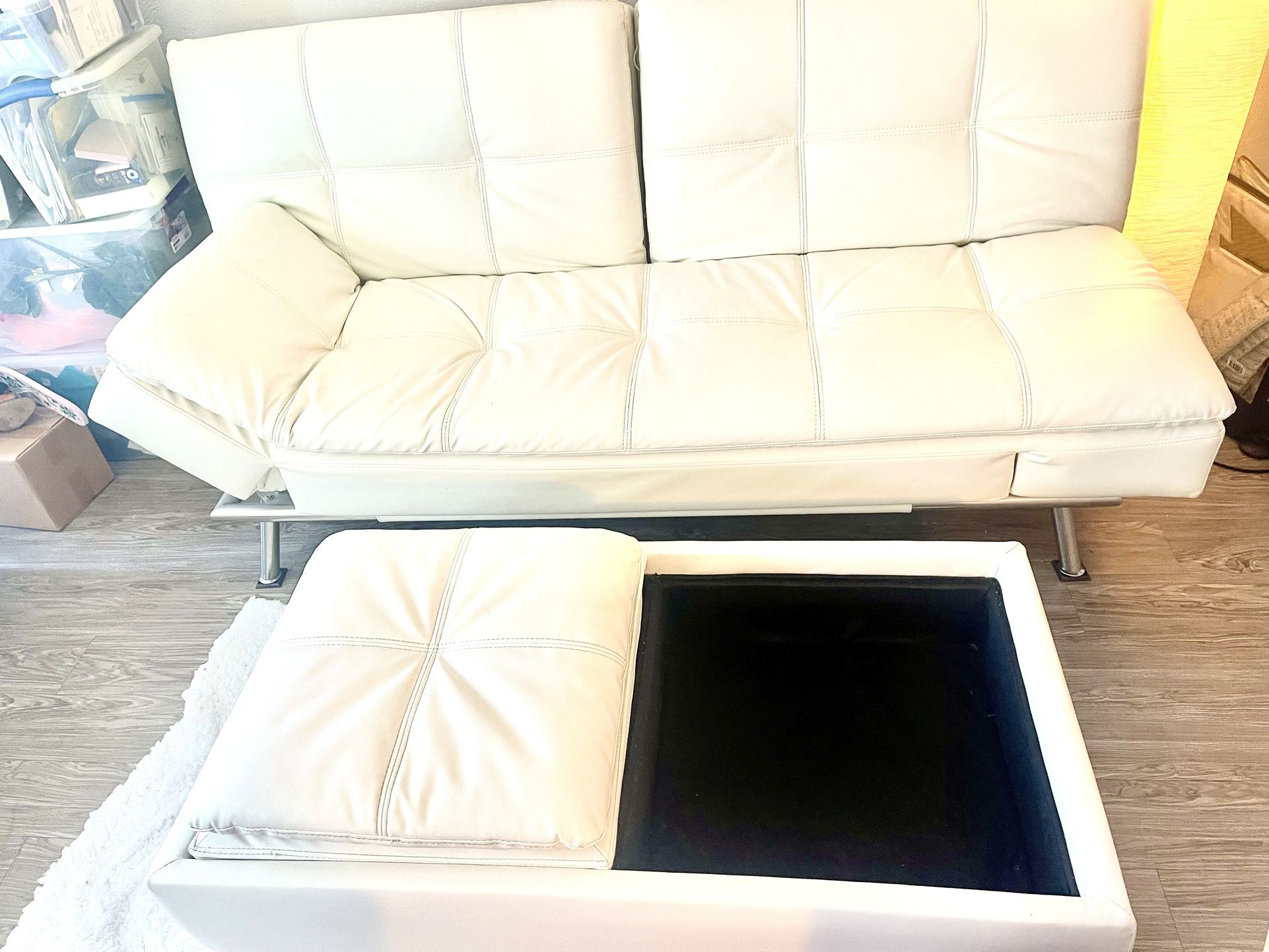Cream Leather Couch With Ottoman