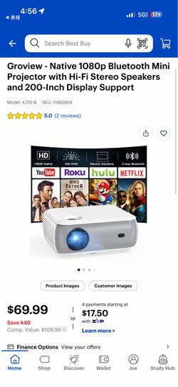 Groview Native 1080p Bluetooth Mini Projector with Hi-Fi Speakers (Model: K310-B)