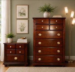 Beautiful dresser with night stand & free wooden shelves featuring, updated brushed golden hardware, and timeless craftsmanship. This versatile 6-draw