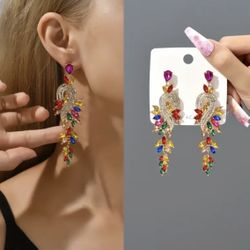 Brand New Luxury Stainless Steel Rhinestone Multicolored Leaves Dangle Earrings