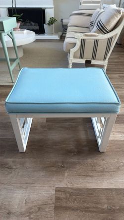 Blue Faux Leather White Wood Bench Stool Ottoman