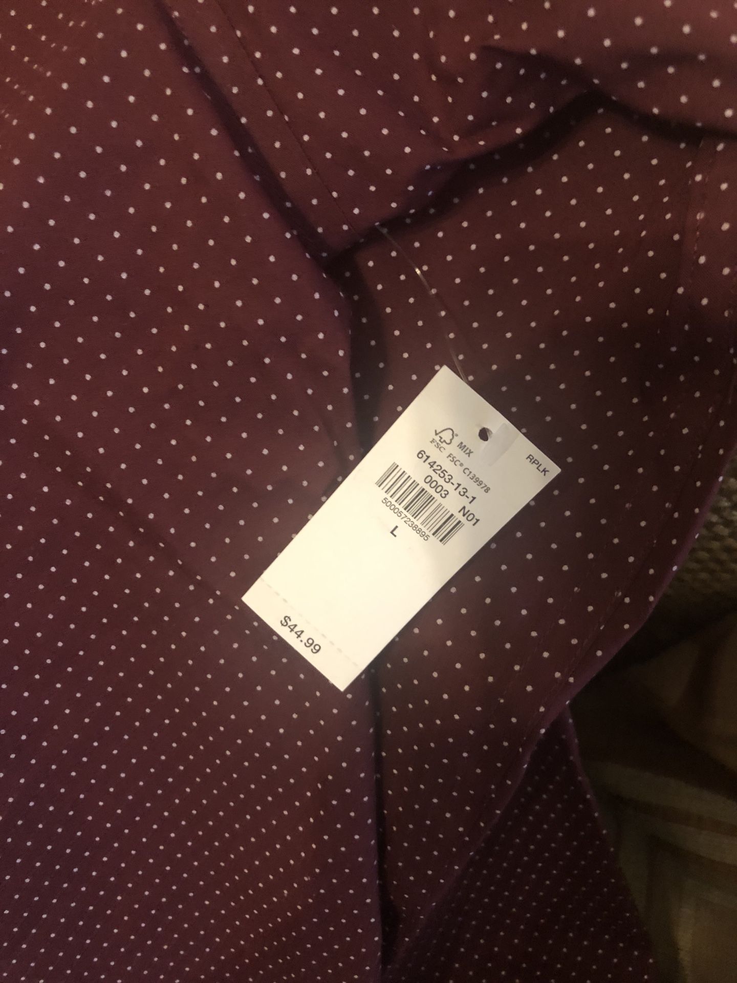 Men Large Dress Shirt.  Burgundy With White Dots.