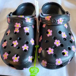 *NEW* Crocs Classic Flower Clog Black Pink Floral Size 6 Men / 8 Women