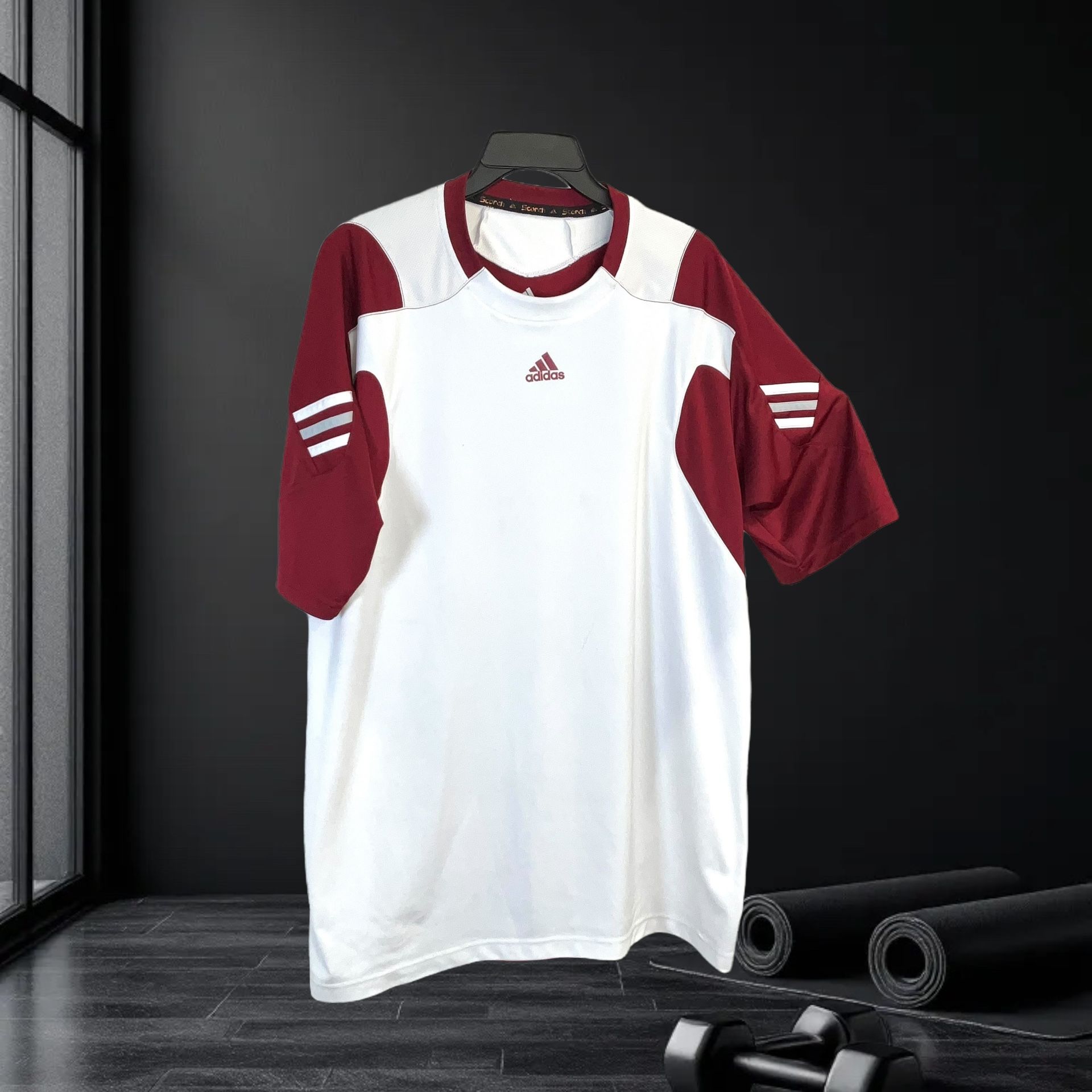 Adidas ClimaCool White & Burgundy w White/Gray Striping Athletic Active Wear Shirt Men Size XL