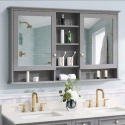 55"x35" Bathroom Medicine Cabinet with Mirror, Wall Mounted Storage Cabinet for Bathroom, Mirror Cabinet with Open/Built-in Shelves and D
