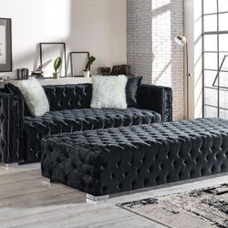 Perla Black Velvet Sofa & Ottoman Set