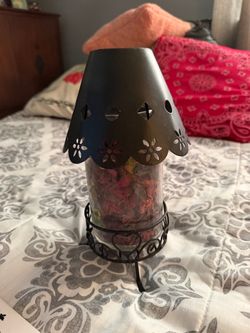 Glass Jar Candle Holder with Metal Shade and Stand