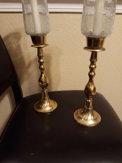 Solid Brass Vintage candle holders with glass & 2 new candles Thumbnail