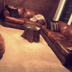 3 Piece 100% Leather Couch Love Seat And Ottoman Brown Sectional
