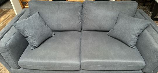 Blue Fabric Loveseat with Throw Pillows