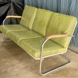 Vintage Chrome Frame Sofa with Crocodile Embossed Green Upholstery – Kem Weber Mid Century Style