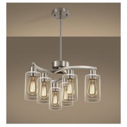 Cnratye 6-Light Brushed Nickel Chandeliers Adjustable Height Hanging Industrial Pendant Lighting