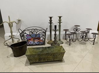 Lot of Metal Candle Holder, Magazine Rack, Bucket Decoration