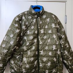 DISNEY DONALD DUCK Jacket XL REVERSIBLE Puffer Army Green/Blue