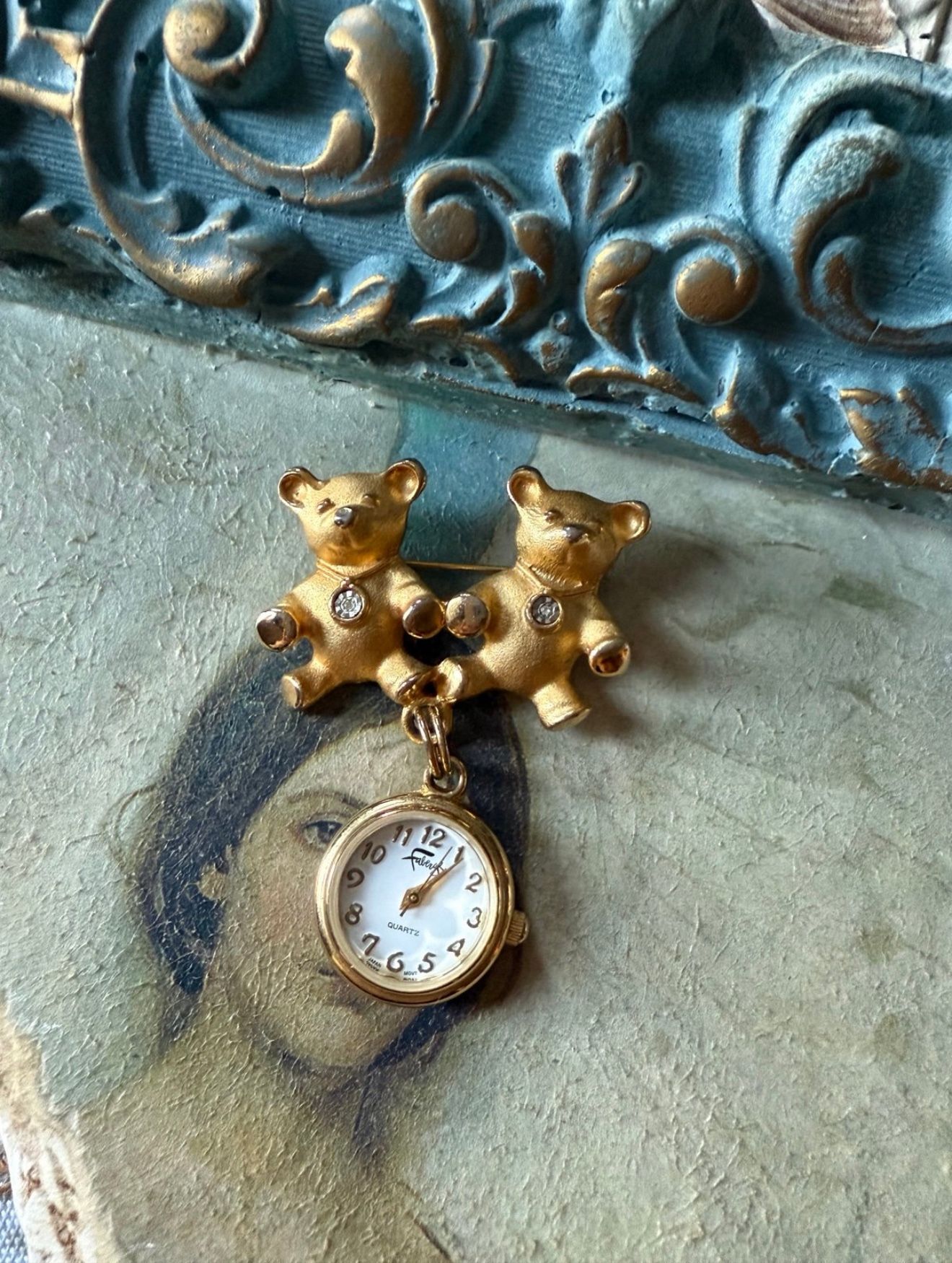 Vintage Faberge bears Quartz dangle watch/brooch