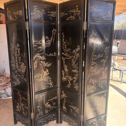 Vintage Asian Black Lacquer Folding Screen Room Divider (4 Panel)