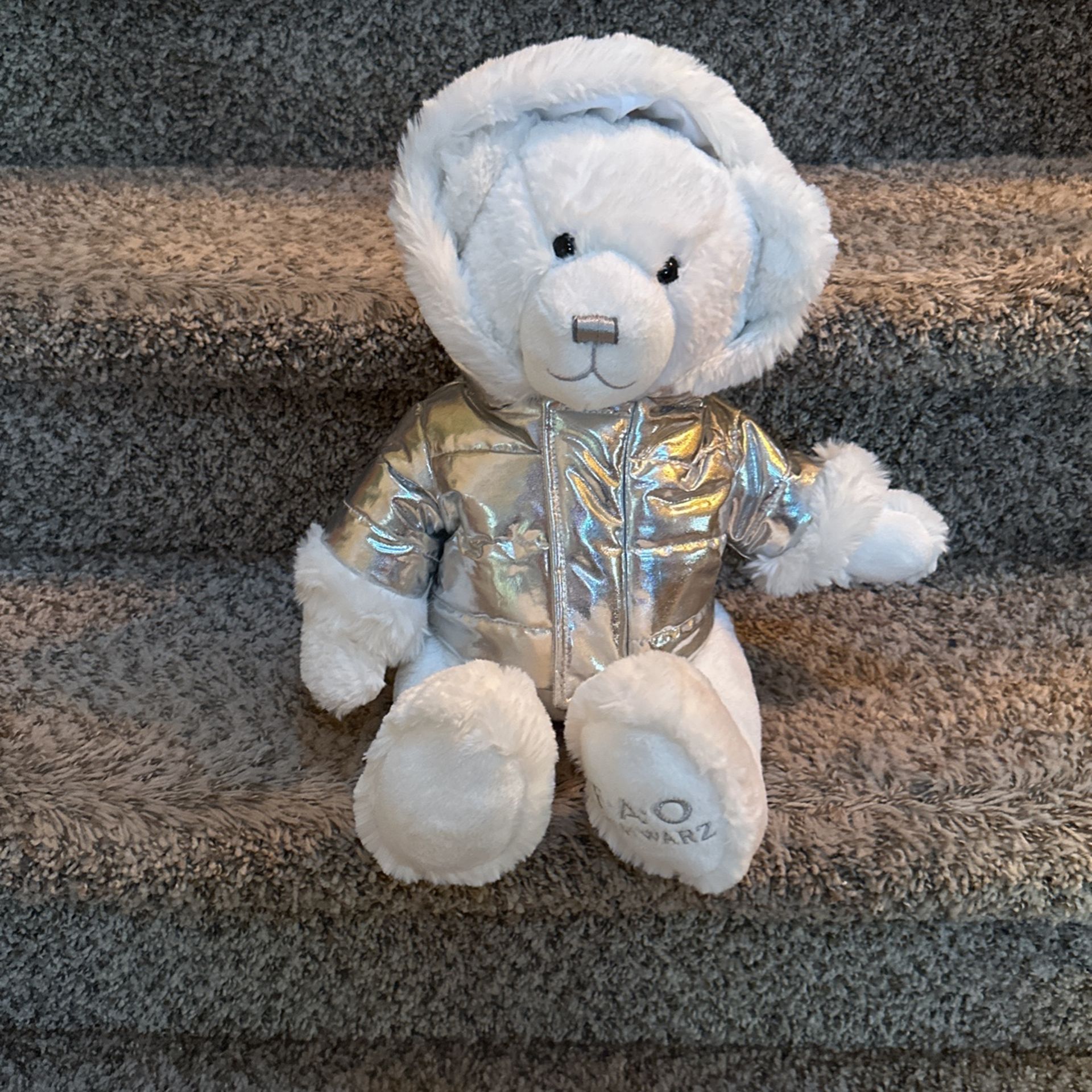 FAO Schwarz White Teddy Bear With Silver Hooded Jacket 13” Sitting Plush 2020