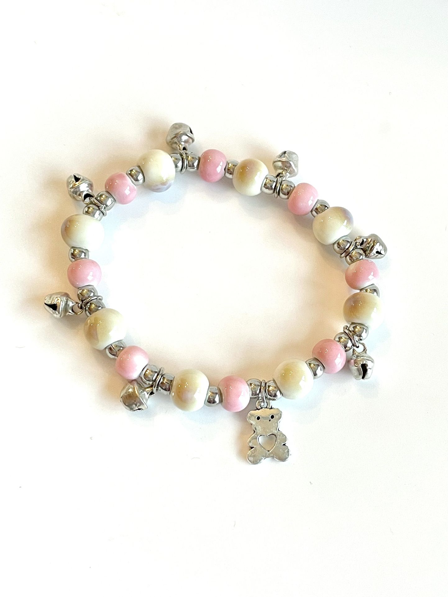 Teddy bear bracelet pink white ceramic colors ringing bells beaded bohemian