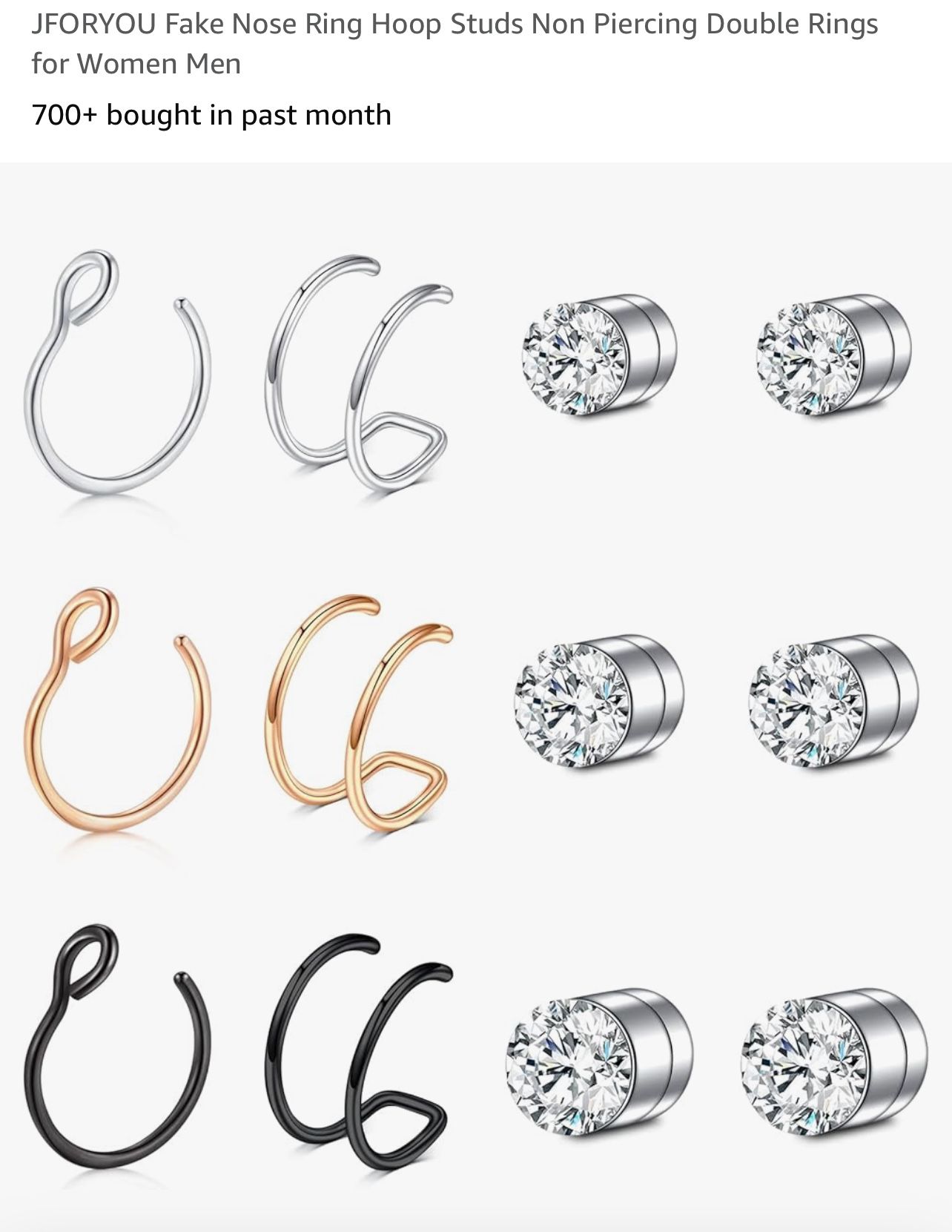 JFORYOU Fake Nose Ring Hoop Studs Non Piercing Double Rings for Women Men