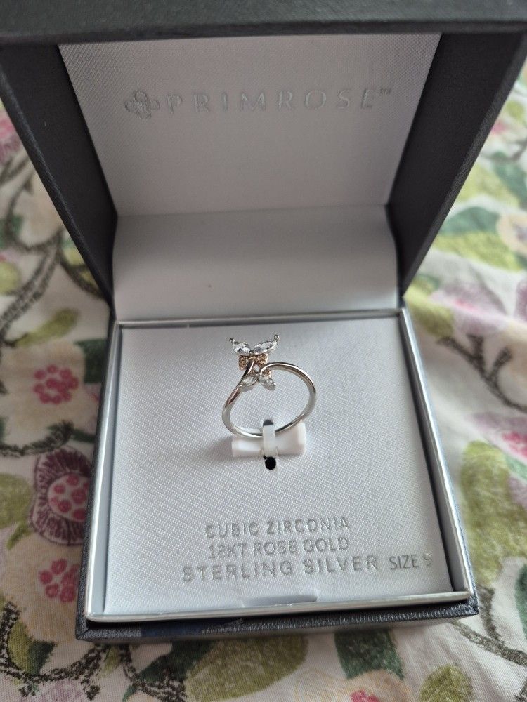PRIMROSE Sterling Silver Cubic Zirconia 18K Rose Gold Butterfly Ring