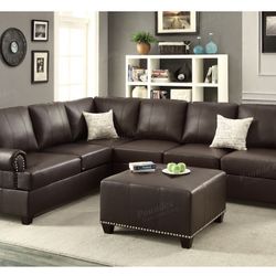 Brown Faux Leather Sectional Sofa - Ottoman Sold Separate (Free Delivery)