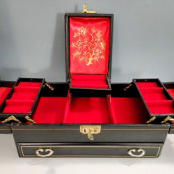 Vintage Ample Black Leather Jewelry Box Lined with Red Velvet