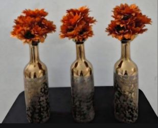 *** CLEARANCE *** Gold Plated Bottle Vases w Bouquets of Faux Sunflowers ($25 / 3 for $60) @ Lasting Creations