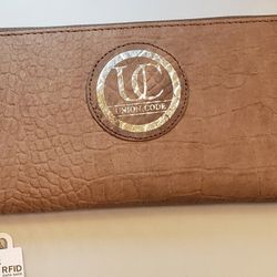 Tan, Genuine Leather "Union Code" Clutch / Wallet. RFID Protection, 12 Card Slots, E.Z. Slide I.D. Pocket, Zipper Closure