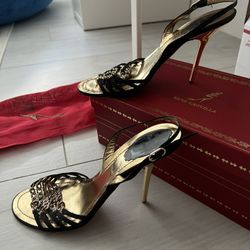 Authentic Rene Caovilla Gold Sandals Slides Heels Shoe 38 7.5
