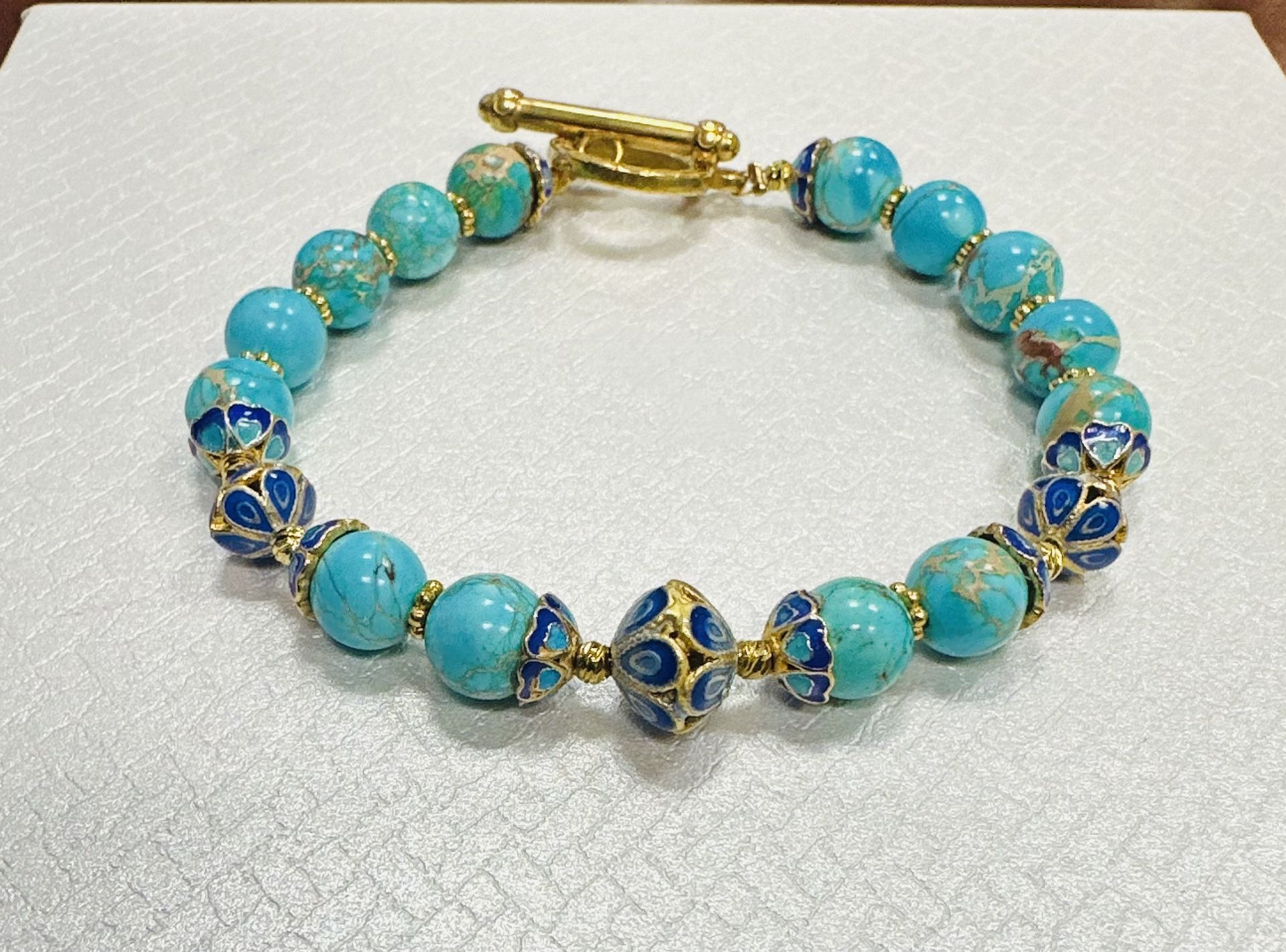 Handmade Bracelet with Genuine African Turquoise and Enameled Silver