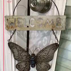 Shabby Metal Hanging “Welcome” Butterfly with Blue Glass Marbles