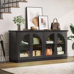 63 Inch Sideboard Buffet Cabinet, Modern Arched Buffet with Glass Doors, Large Curved Cabinets with Storage, Console Credenza w/Adjustable Shelves for