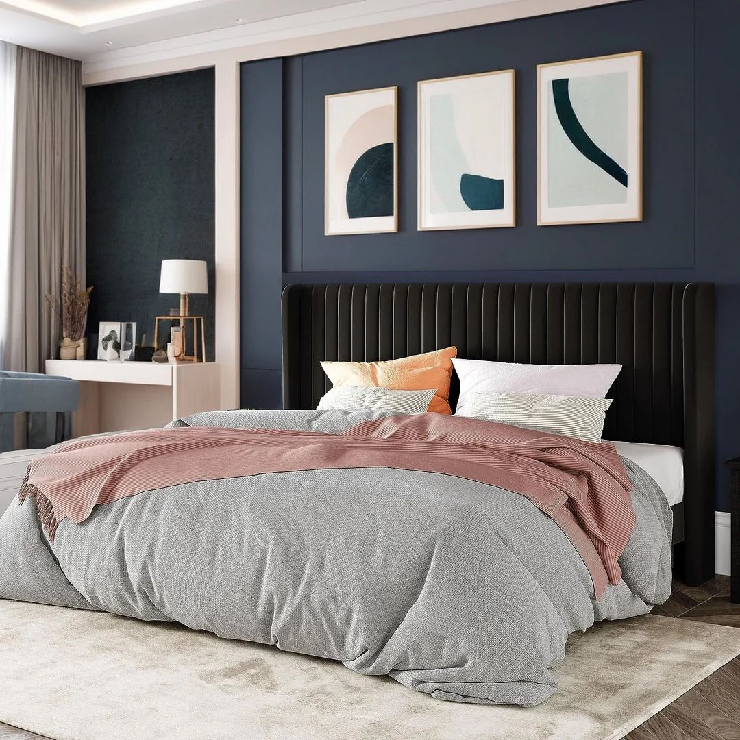 Full Velvet Upholstered Platform Bed Frame with Vertical Line Tufted Adjustable Headboard