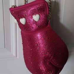 HOT PINK BOXING GLOVE HAND BAG DIPPED IN RHINESTONES 
