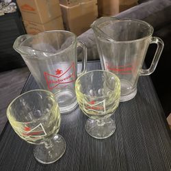 Vintage Budweiser Glass Beer Pitcher 60 oz and Glasses