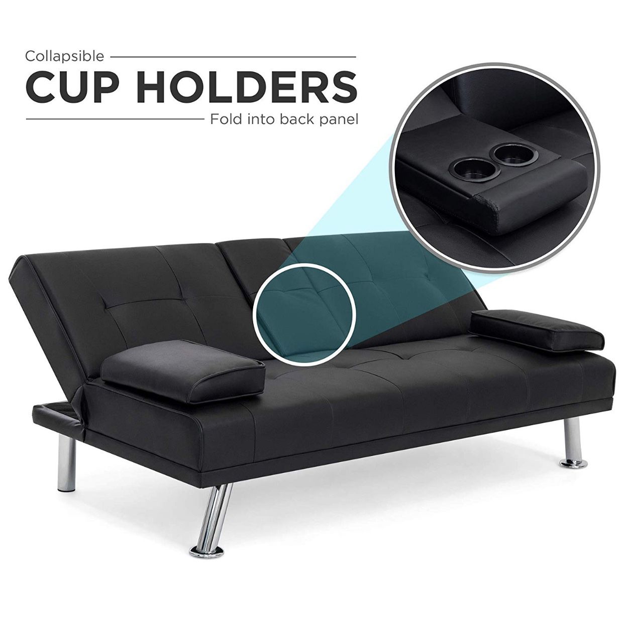 Modern Faux Leather Futon Sofa Bed Fold Up & Down Recliner Couch with Cup Holders - Black
