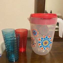 Plastic  Pitcher & 3 Glasses.
