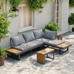 100" Outdoor Patio Aluminum Modular Sectional Sofa w/ Acacia Wood Tables & Gray Cushions (Convert to Daybed) [NEW]  **Already Assembled**