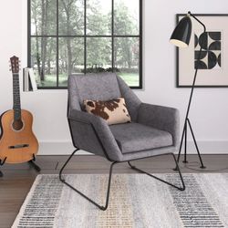 Feather Accent Chair Mid-Century Modern Gray Upholstery Black Metal Frame Living Room 28” Wide