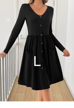 Black Long Sleeve Button-Front Midi Dress – Size L