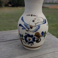 Hand-Painted Mexican Pottery Vase 8" Floral & Bird Design Signed JC Vintage Decor
