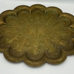 Hand-Etched Vintage Scalloped Floral Brass Tray