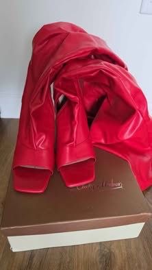 Onlymaker Red Open Square Toe Over The Knee Stiletto Zipper Boots