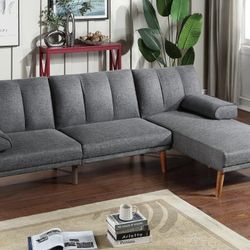 Brand New Grey Futon Sofa Sleeper + Chaise Lounge 
