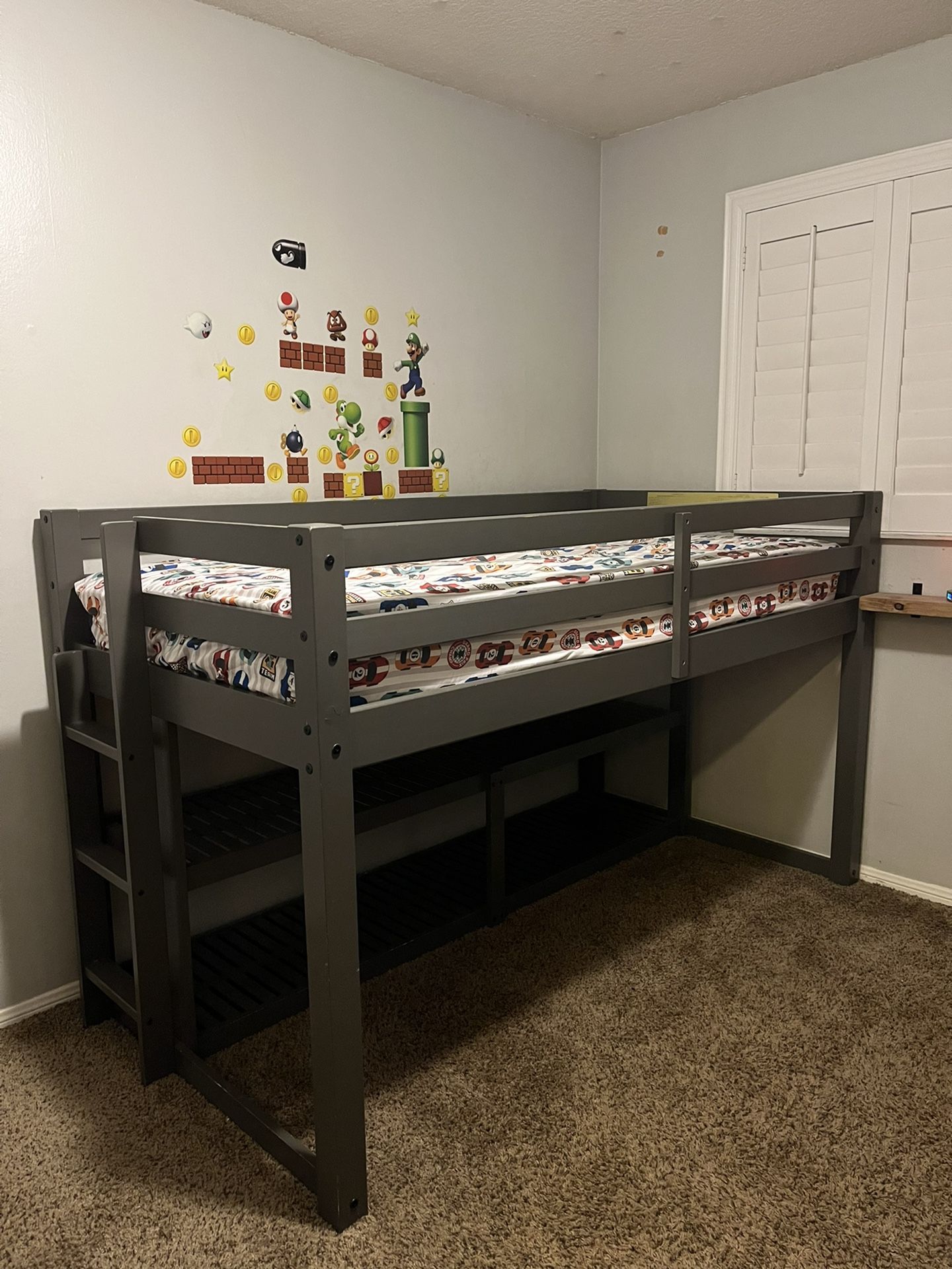 Twin Loft Bed Bunk Storage Shelves Gray Wood