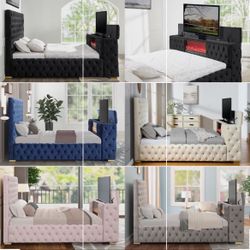 NEW QUEEN AND KING LUXURY FUTURE BED WITH BLUETOOTH SPEAKERS -55inch TV STAND AND FIRE PLACE WITH MATTRESS
